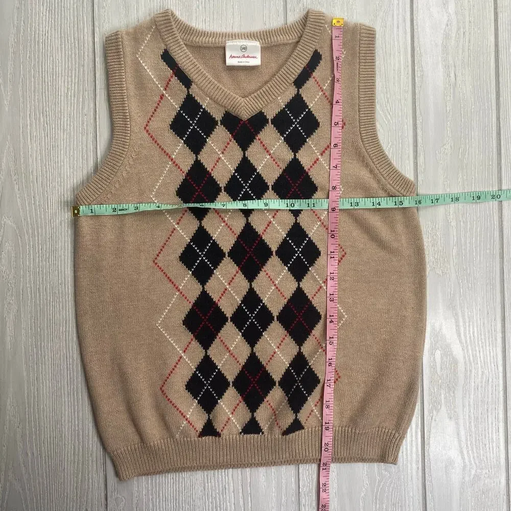 Hanna Andersson Cotton Tan Black & Red Argyle Sweater Vest US Boys Size 10